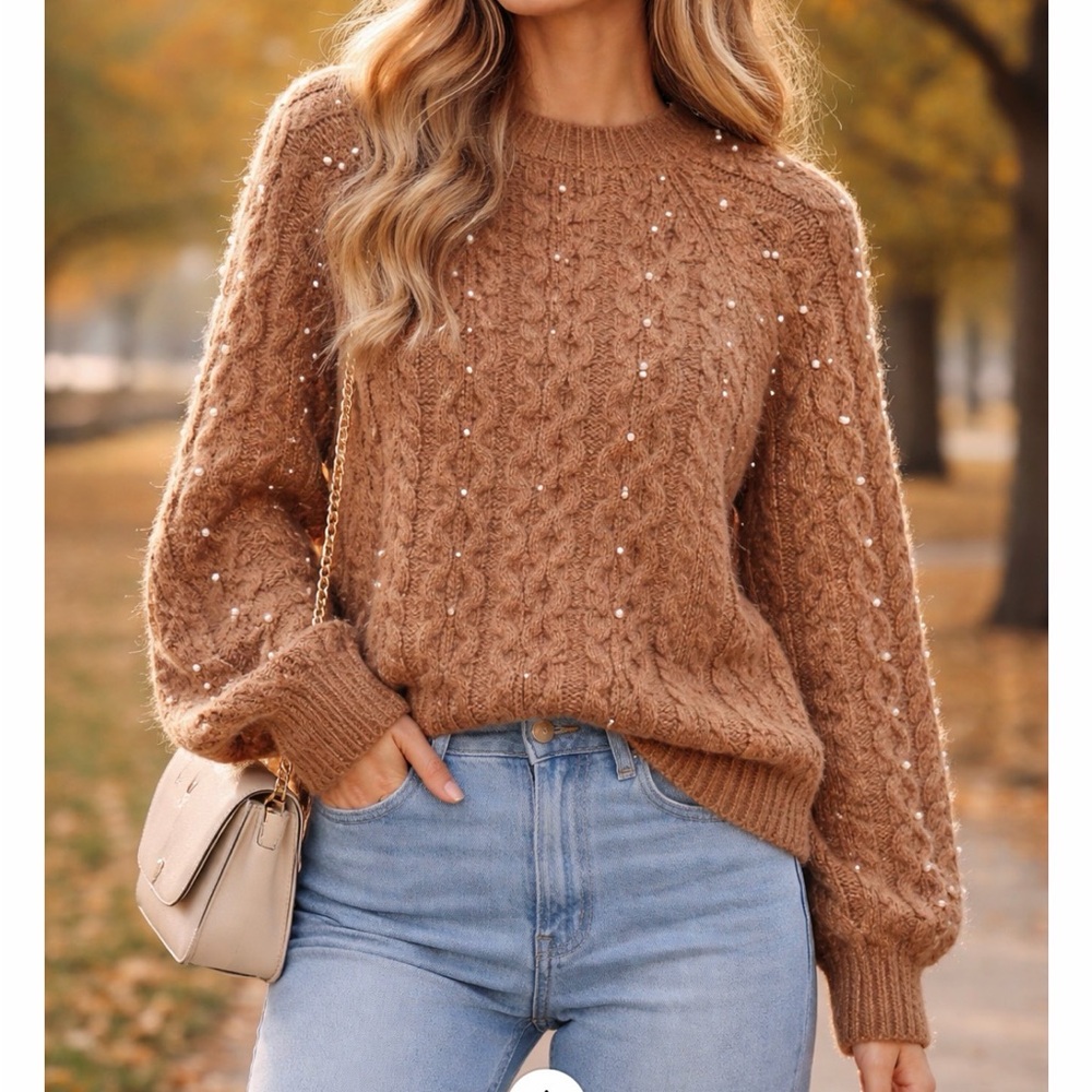 In Loom Elegant Pearl-Embellished fuzzy Sweater in Camel Small S